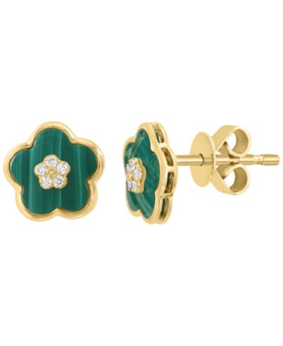 EFFY Collection серьги-гвоздики с бриллиантовым акцентом (0.85mm) и малахитом, 14k Yellow Gold