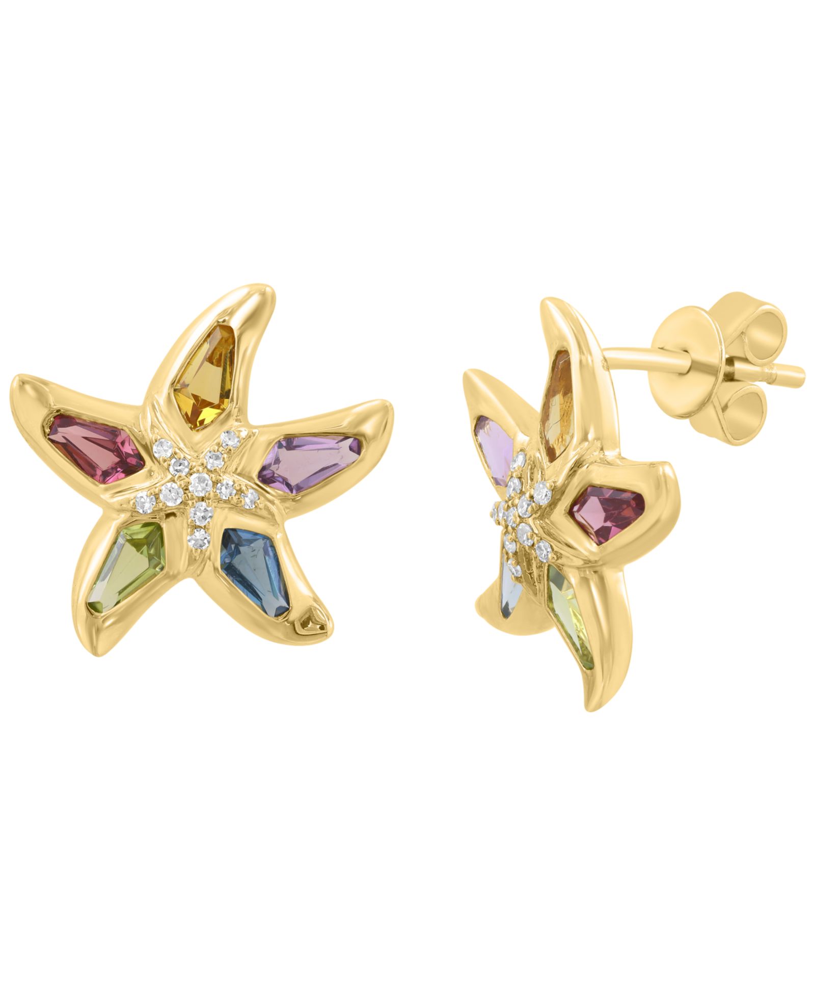 Серьги-гвоздики EFFY Collection Diamond (1/20 ct. t.w.) & Multi Gemstones (1-1/5 ct. t.w.) в 14k Yellow Gold