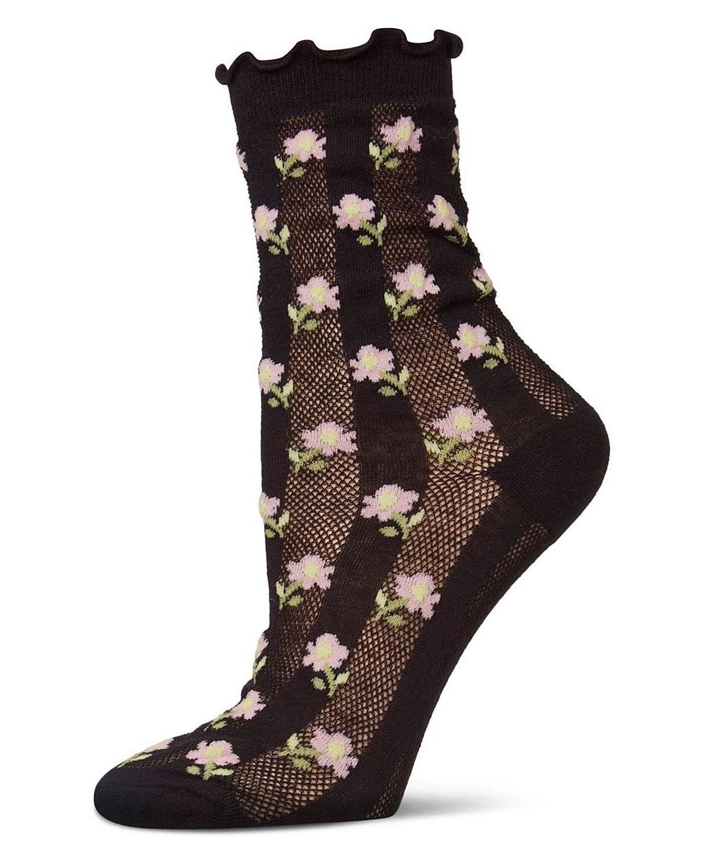 MeMoi Women's "Ditsy Floral" Cotton-Rich Mini-Net Ruffle-Edge Ankle Sock