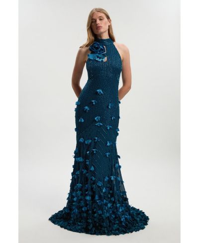 Karen Millen Women's Crystal Rosette Halter-Neck Maxi Dress