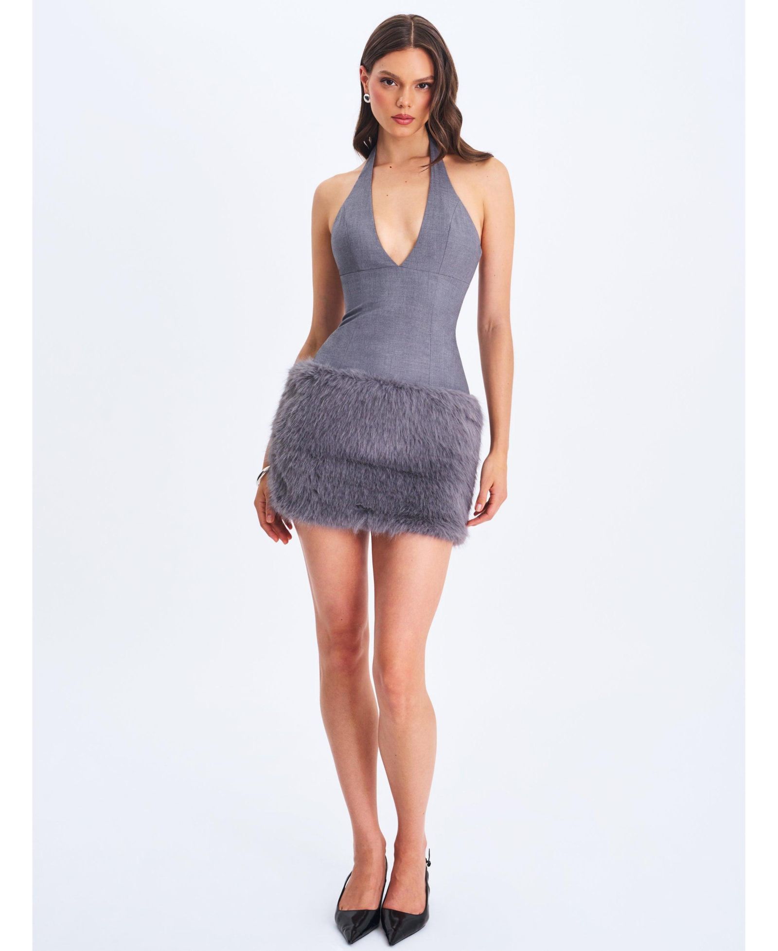 Женское мини-платье Miss Circle Daisy Grey Drop Waist Fur Trim Halter