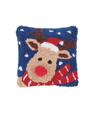 C&F Home Reindeer w/ Santa Hat Hooked Christmas Mini Accent Pillow 8" x 8