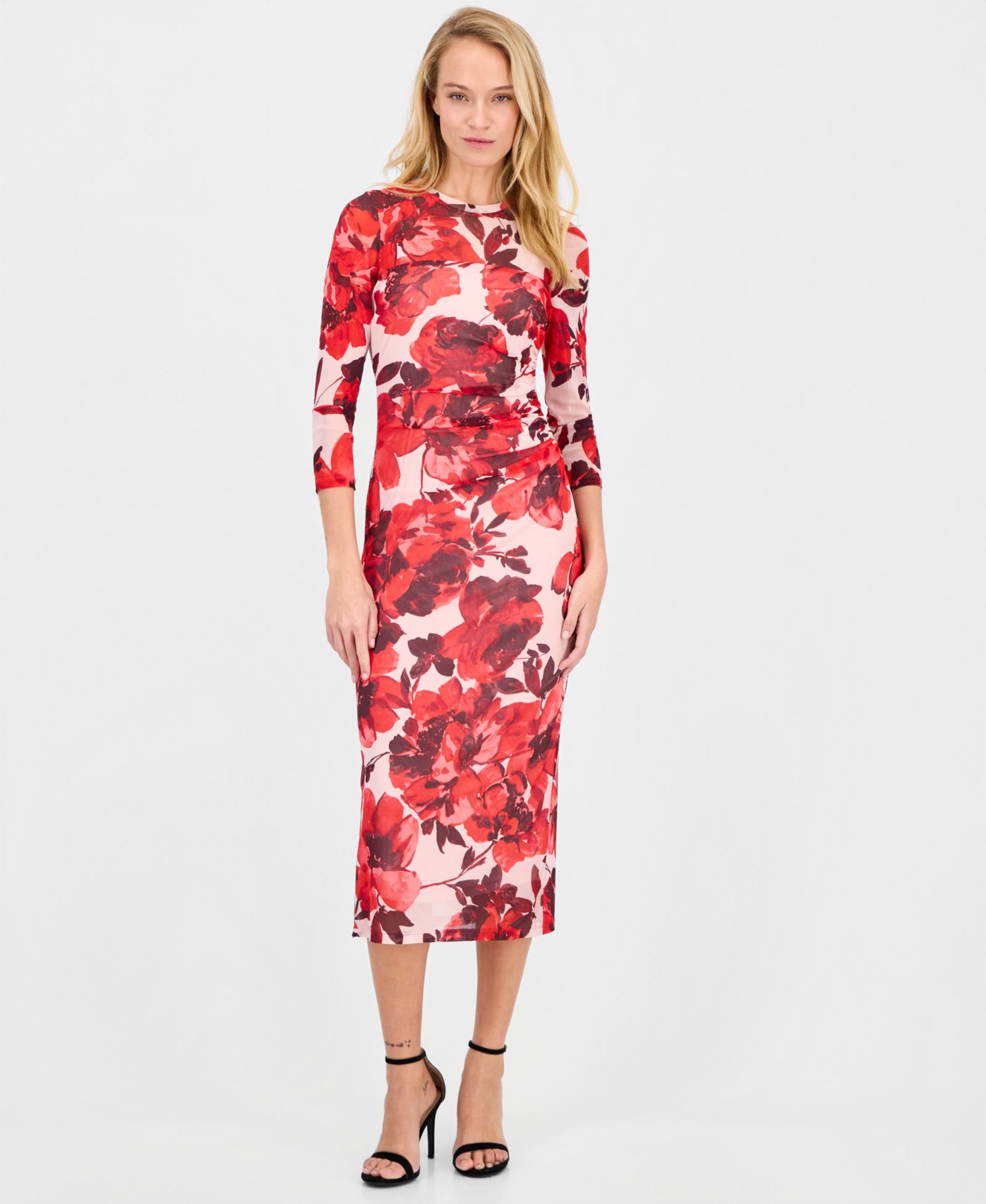 Anne Klein Women's Side-Ruched 3/4-Sleeve Midi Dress