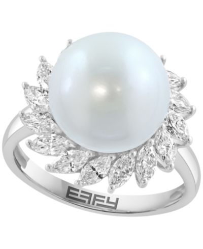 Кольцо EFFY Collection с пресноводным жемчугом (11mm) и выращенным бриллиантом (7/8 ct. t.w.) в белом золоте 14K