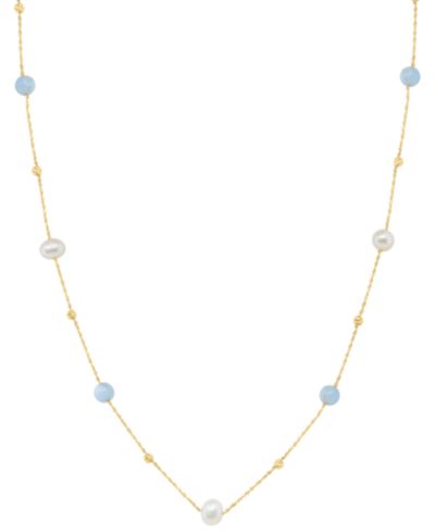EFFY Collection Freshwater Pearl (6.5mm) and Aquamarine Necklace (5-7/9 ct. t.w.) in 14k Yellow Gold