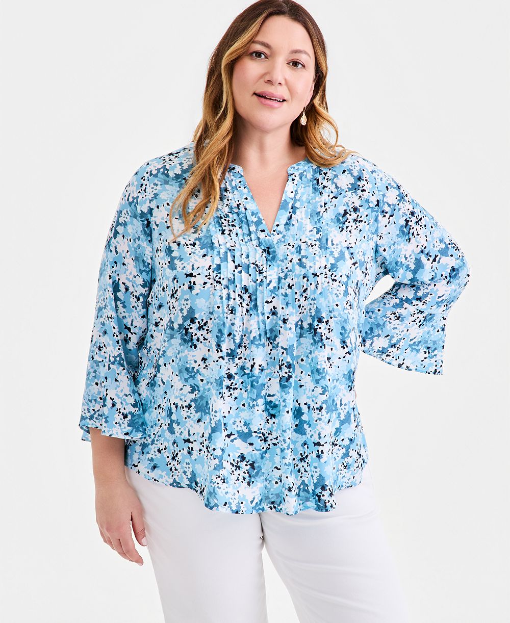 Style & Co Plus Size Printed Pintuck Bell-Sleeve Top, Macy's Exclusive