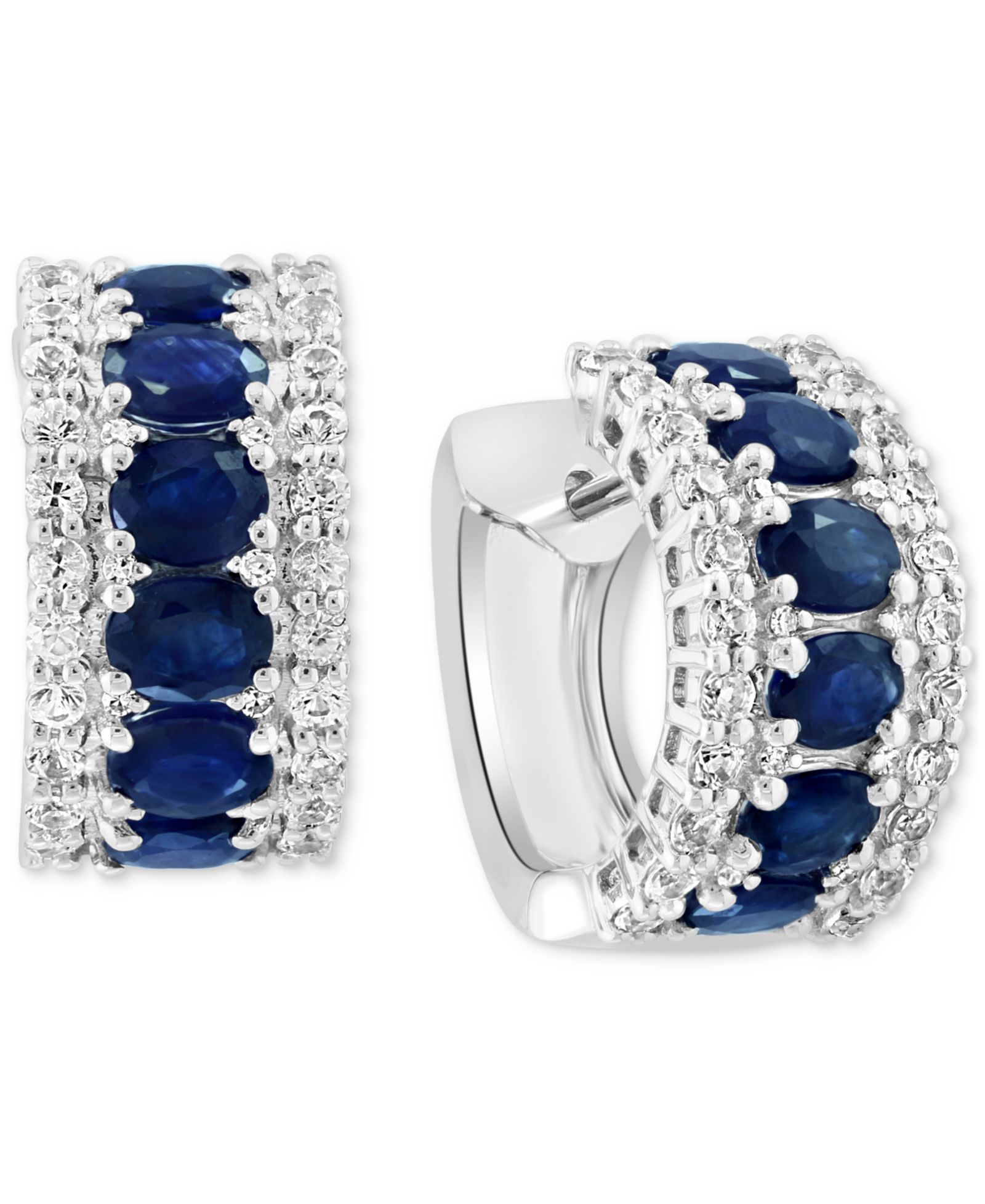 EFFY® Blue & White Sapphire (3-1/4 ct. t.w.) & Diamond (1/20 ct. t.w.) Small Hoop Earrings in 14k White Gold, 0.59"