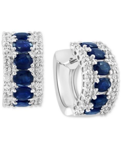 EFFY® Blue & White Sapphire (3-1/4 ct. t.w.) & Diamond (1/20 ct. t.w.) Small Hoop Earrings in 14k White Gold, 0.59"