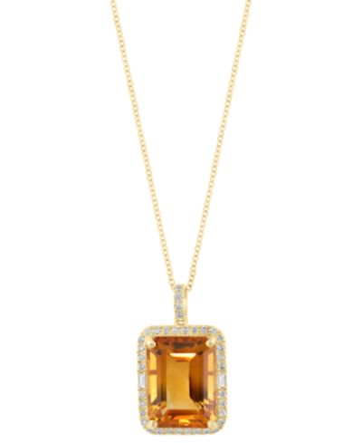 EFFY® Citrine (11-1/3 ct. t.w.) & Diamond (1/3 ct. t.w.) Emerald-Cut Halo 18" Pendant Necklace in 14k Gold