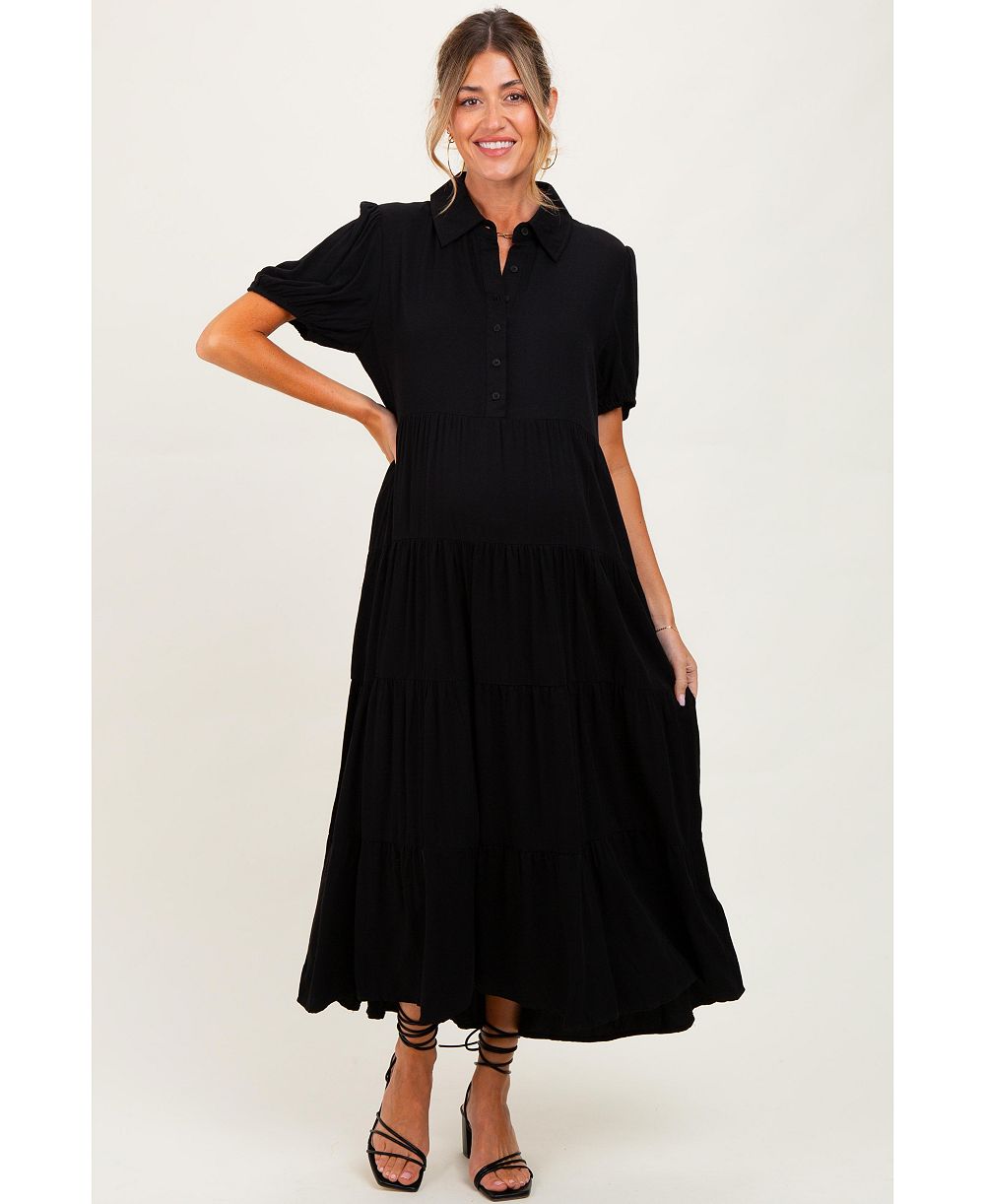 Женское миди-платье Pinkblush Black Collared Button Down Tiered