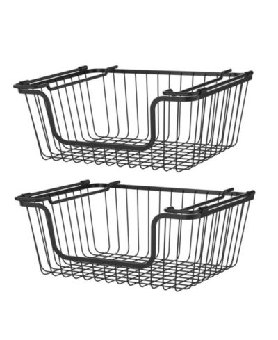 Oceanstar Stackable Metal Wire Storage Basket Set for Pantry, Countertop, Kitchen or Bathroom, Black, Set of 2