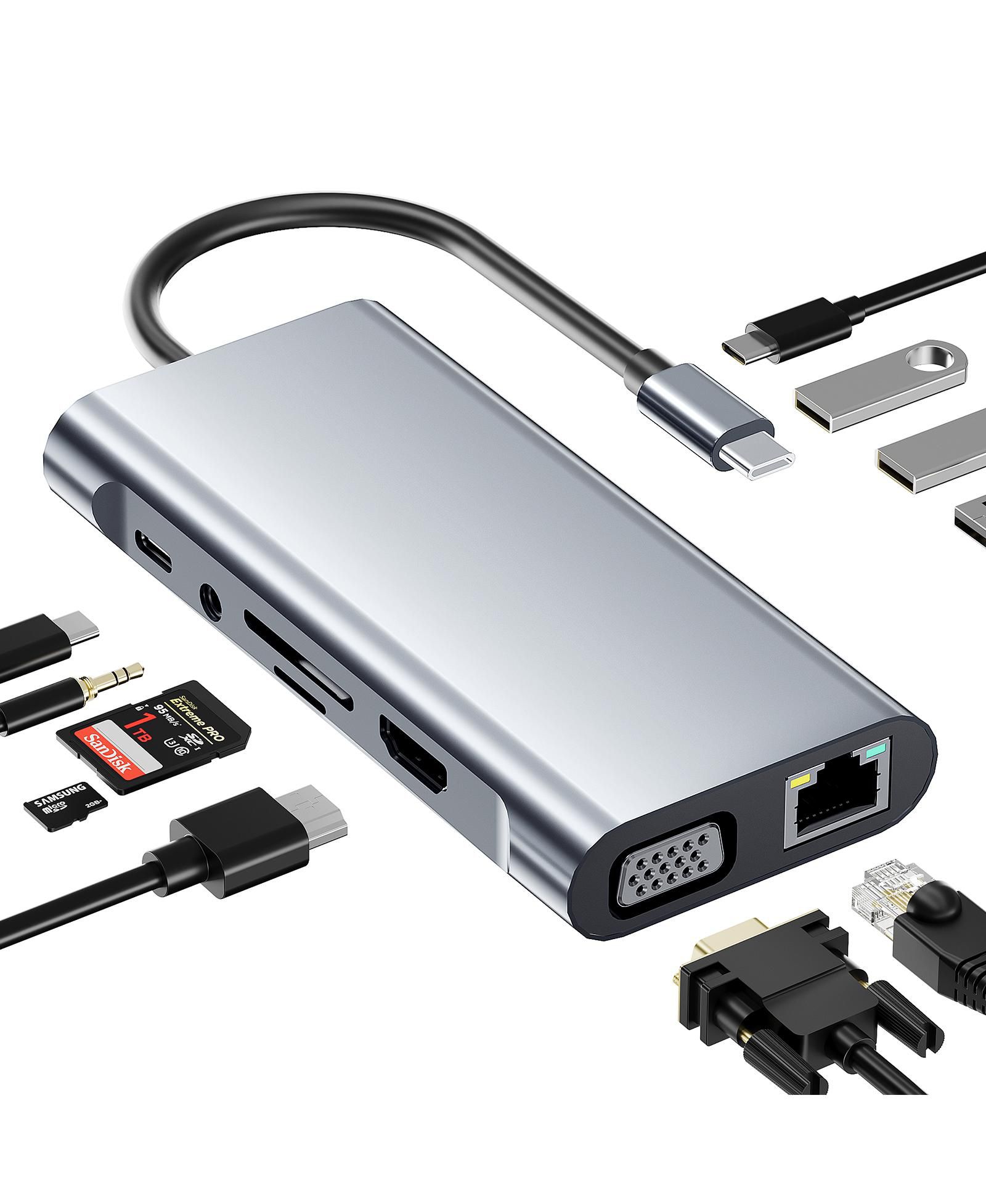 USB-C хаб SUGIFT 11-в-1 мультипорт-адаптер с 4K HDMI, VGA, PD и Ethernet