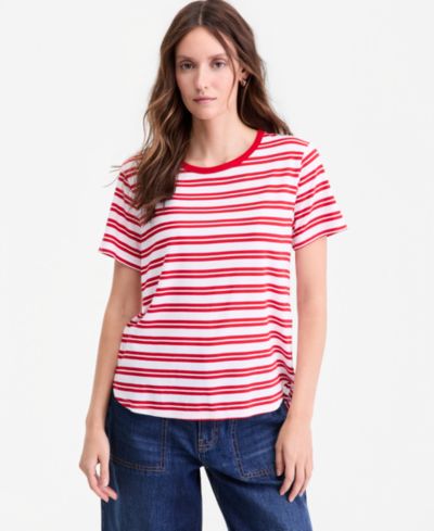 On 34th Women's Striped Curved-Hem T-Shirt, Macy's Exclusive