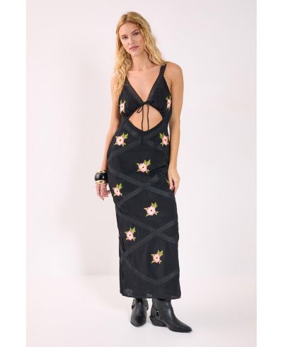 Nasty Gal Women's Embroidered Lace Trim Cut Out Maxi Dress