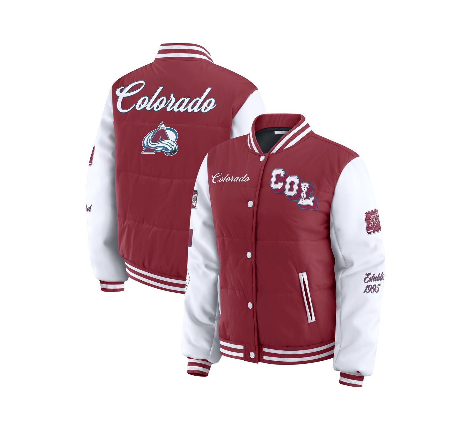 WEAR by Erin Andrews Women's Burgundy/White Colorado Avalanche Varsity Full-Snap Puffer Jacket