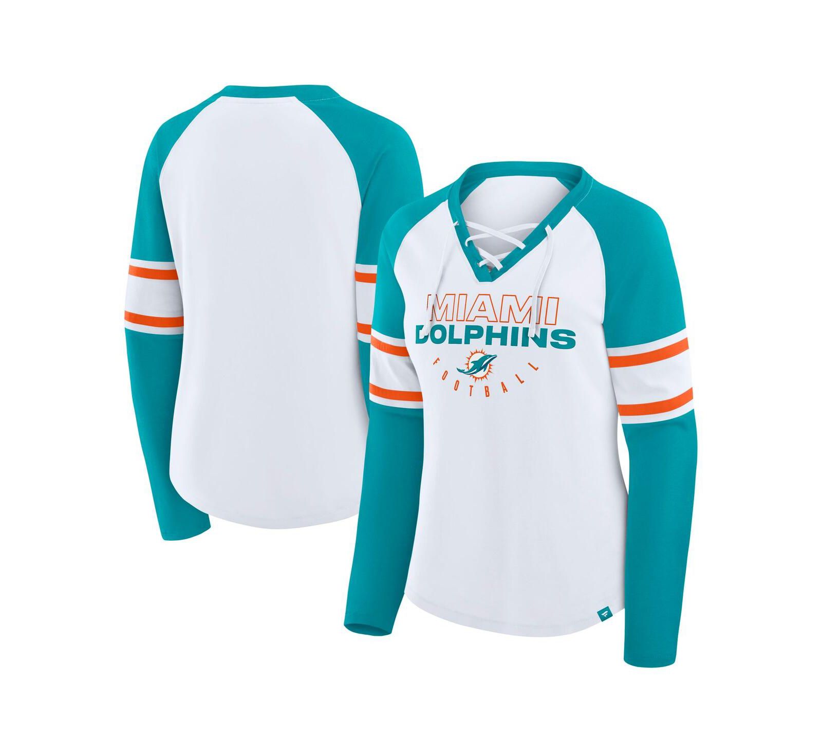 Fanatics Women's White/Aqua Miami Dolphins Redzone Blitz Package Raglan Lace-Up V-Neck Long Sleeve T-Shirt