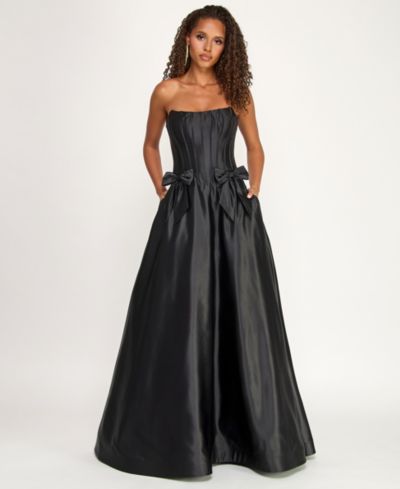 B Darlin Juniors Strapless Satin Ball Gown with Waist Bows and Corset Bodice