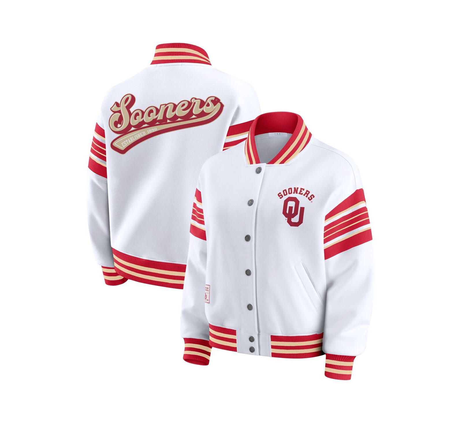 WEAR by Erin Andrews Women's White/Crimson Oklahoma Sooners Satin Stitch Full-Snap Fleece Sweatshirt Jacket