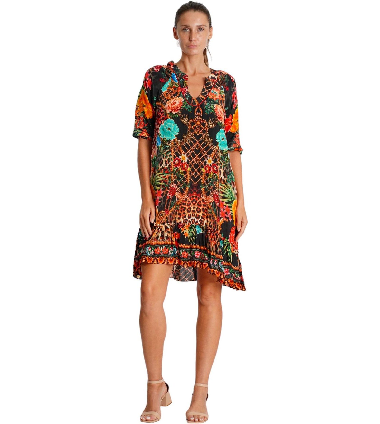 Женское короткое платье La Moda Clothing с V-образным вырезом и коротким рукавом