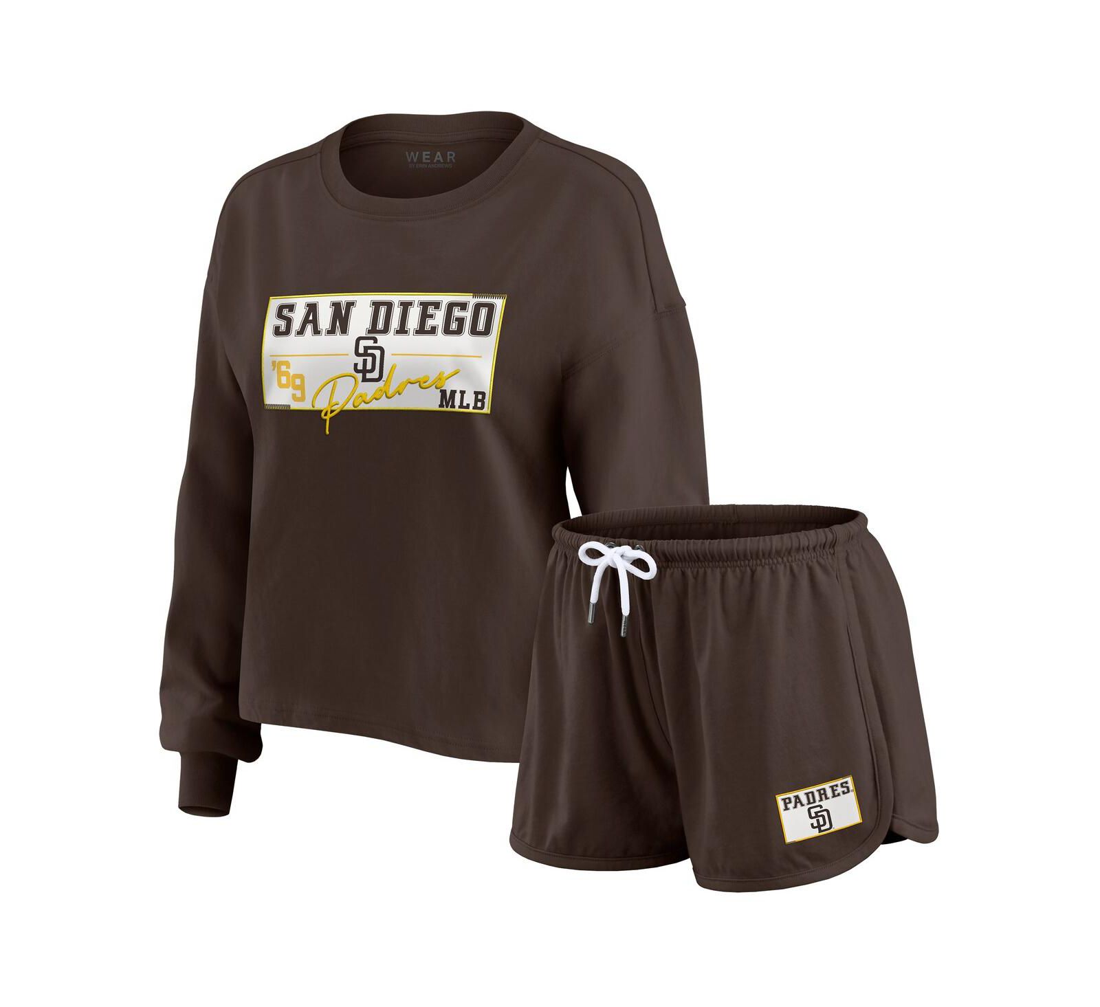 WEAR by Erin Andrews Women's 2-Piece Brown San Diego Padres Heavy Rugby Jersey Long Sleeve T-Shirt and Shorts Lounge Set