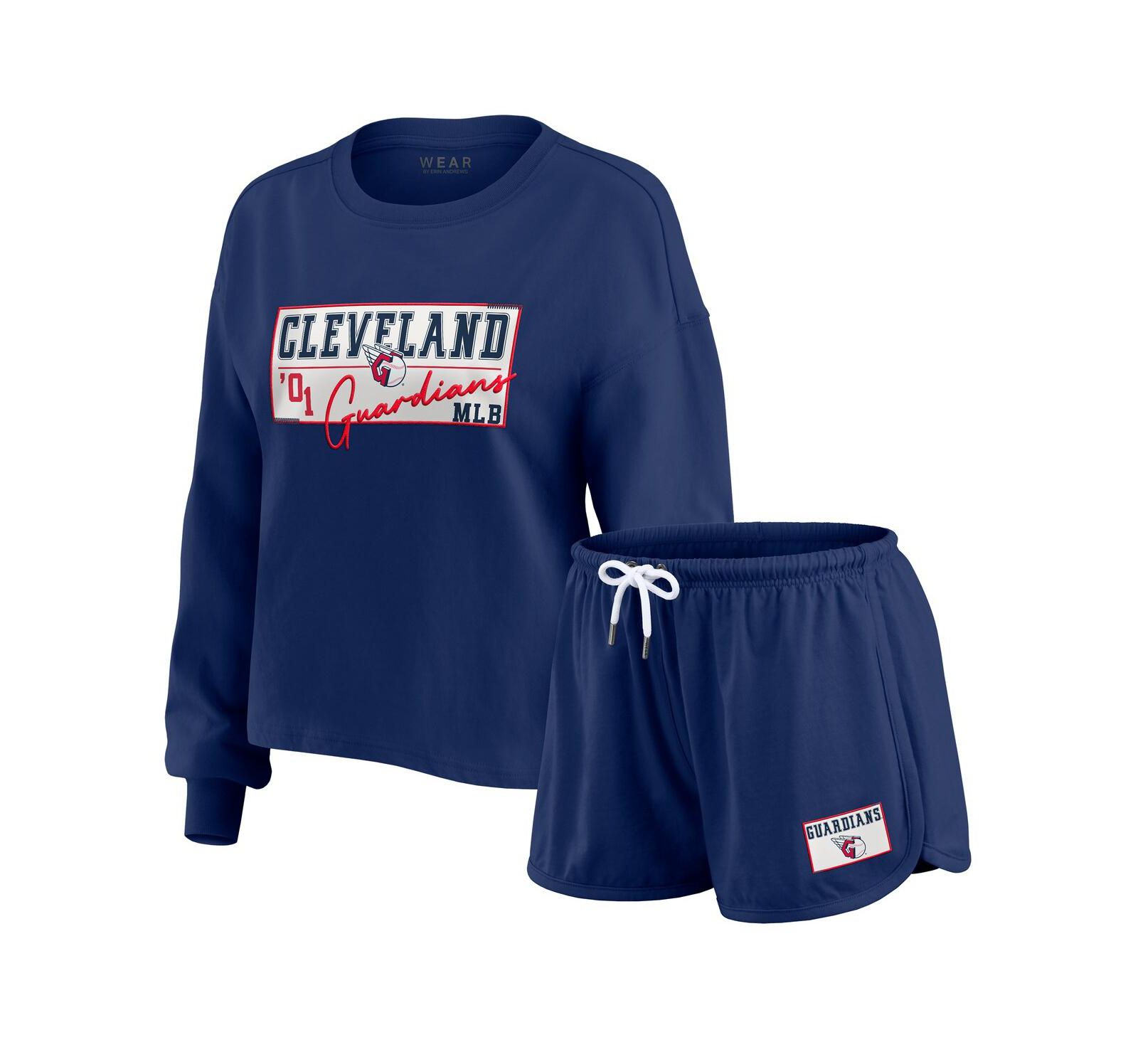 WEAR by Erin Andrews Women's 2-Piece Navy Cleveland Guardians Heavy Rugby Jersey Long Sleeve T-Shirt and Shorts Lounge Set