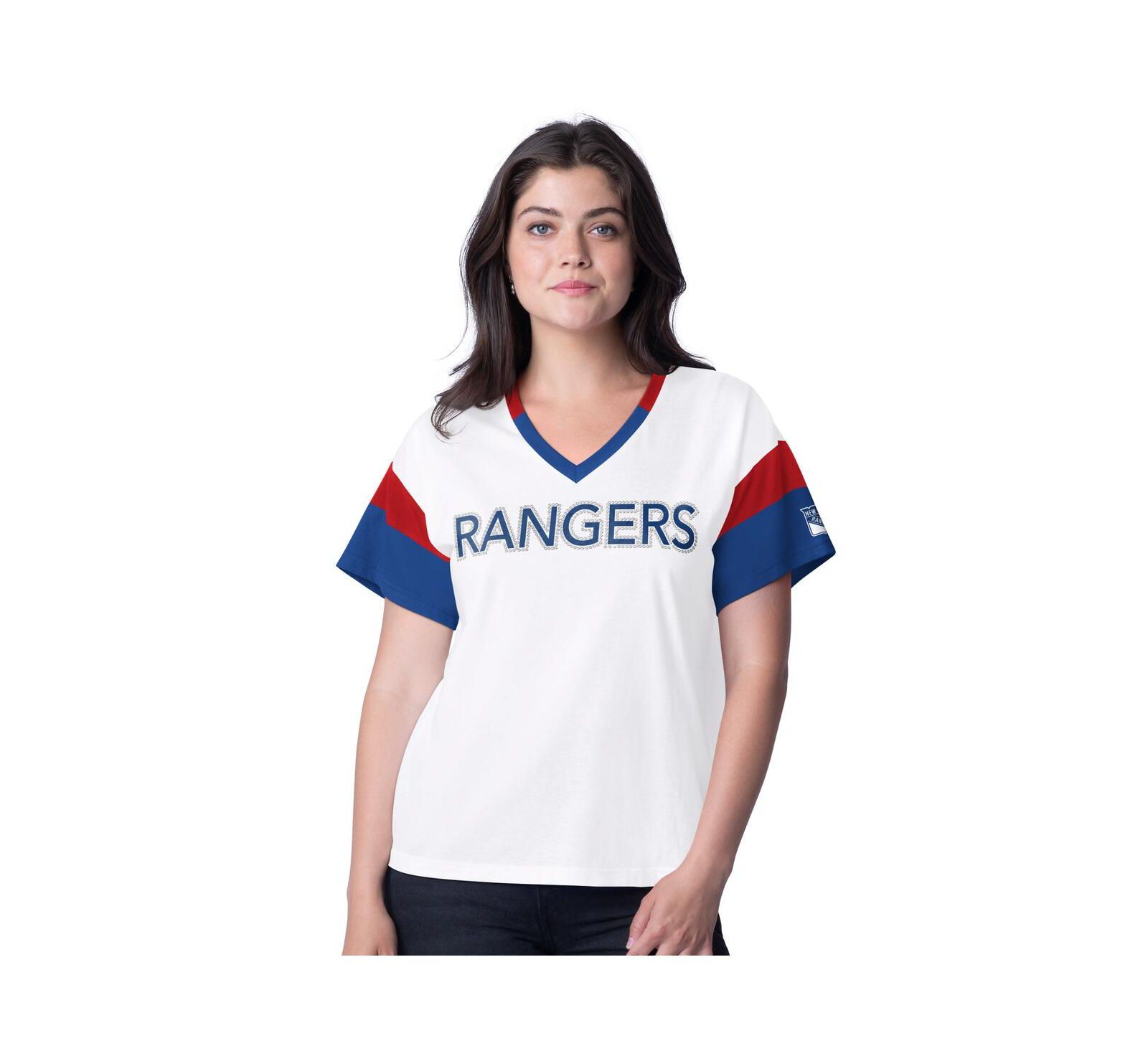Женская футболка G-III 4Her by Carl Banks New York Rangers Rink Oversized Rhinestone V-Neck в белом цвете