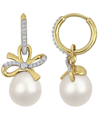 Серьги-подвески с культивированным речным жемчугом (9-10mm) и белым сапфиром (3/8 ct. t.w.) в позолоченном стерлинговом серебре 18k Gold