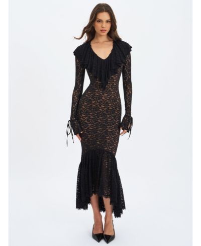 Miss Circle Women's Parisa Black Lace Ruffled Mermaid Maxi Dress