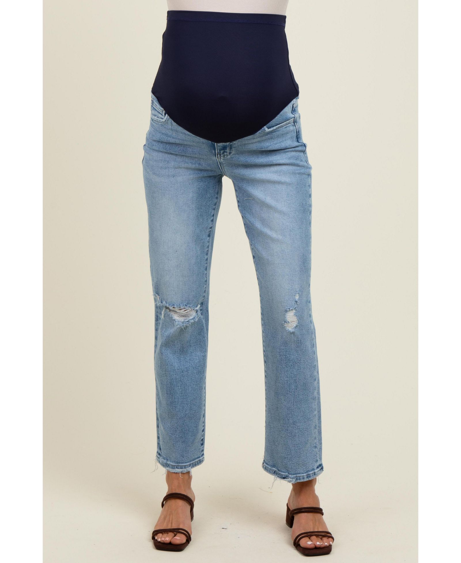 Pinkblush Women's Light Blue Distressed Open Knee Ankle Straight Leg Jeans