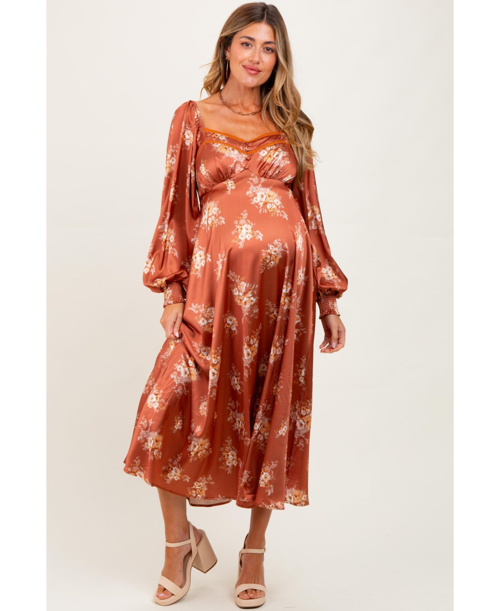 Женское миди-платье Pinkblush Rust Satin Floral Bubble Sleeve