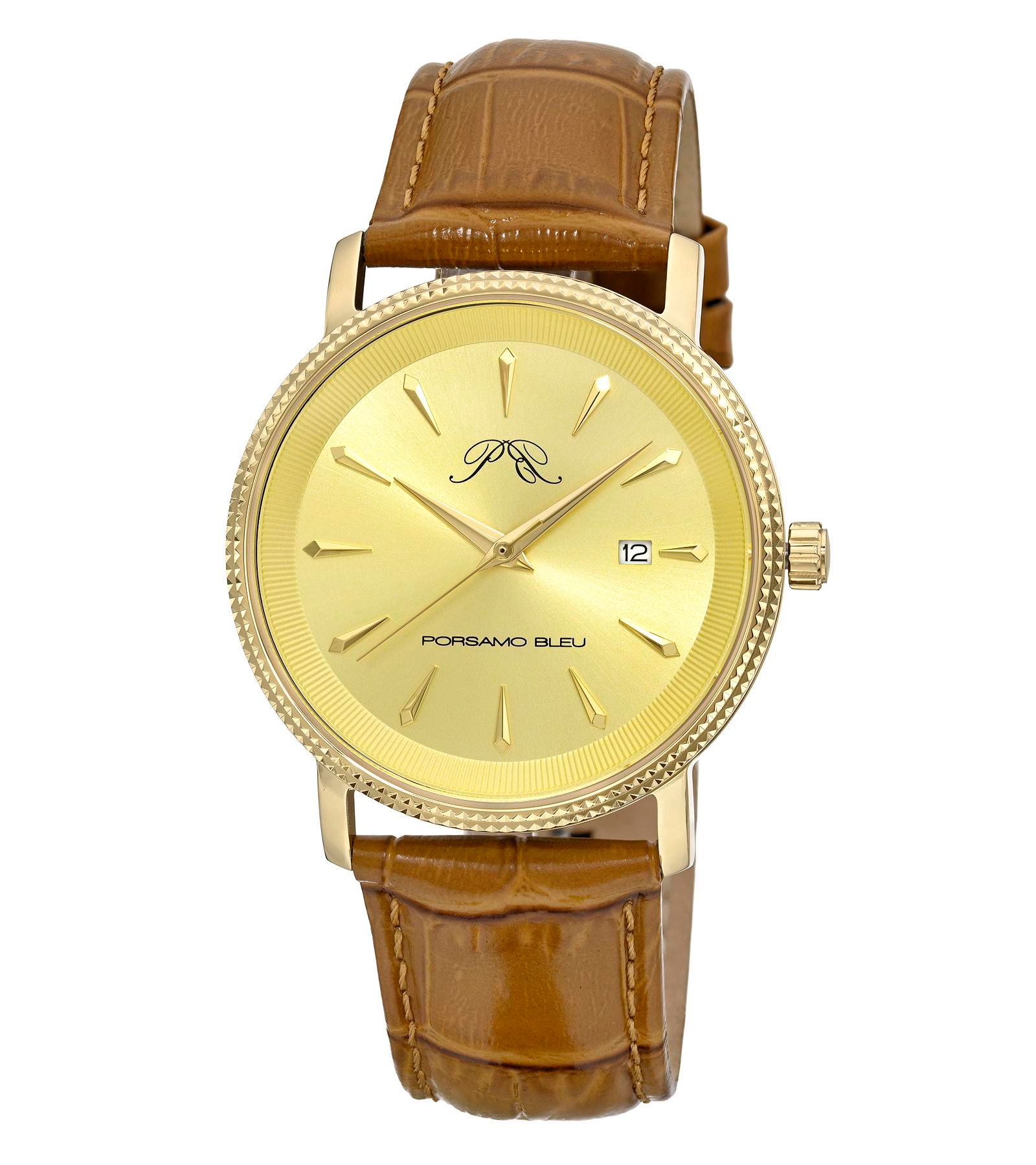 Porsamo Bleu Men's Veritas 2 Round Brown Genuine Leather Band Watch 40 mm