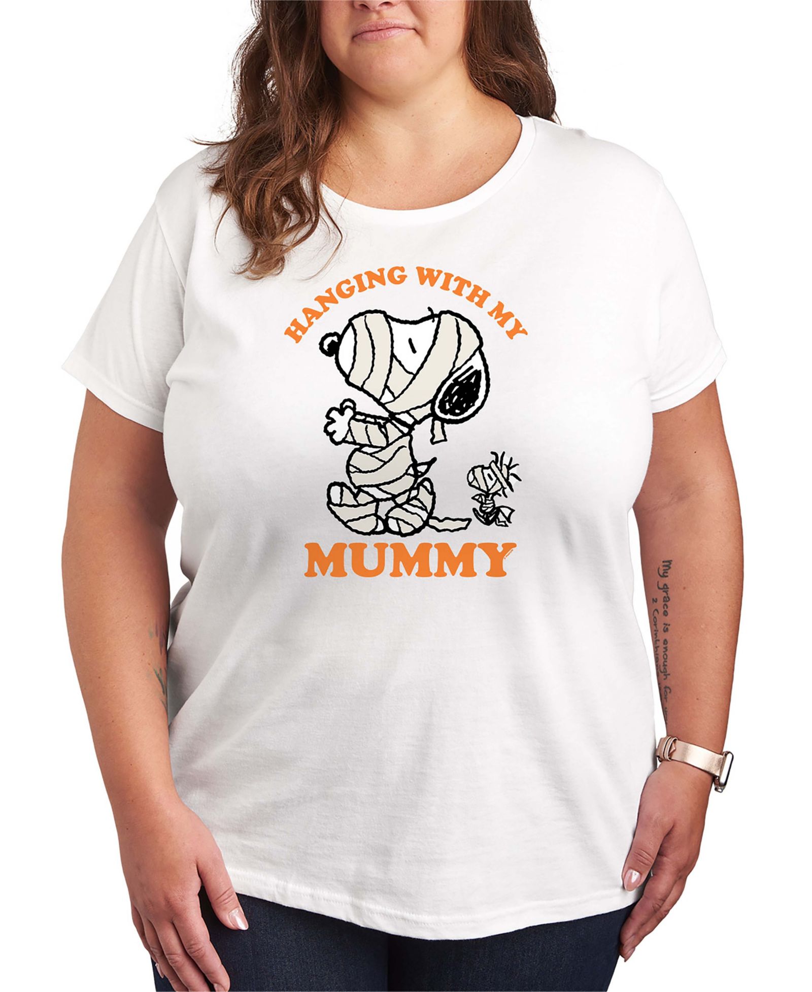 Женская футболка с принтом Halloween Woodstock and Snoopy Mummy, короткий рукав
