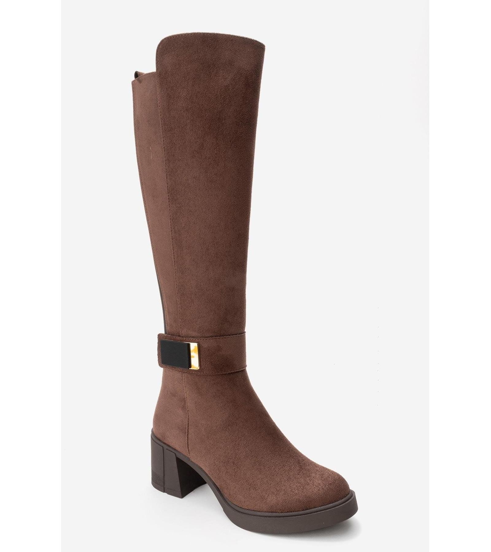Prologue Shoes Women's Moreni Stretch Buckle Block Heel Knee High Boot
