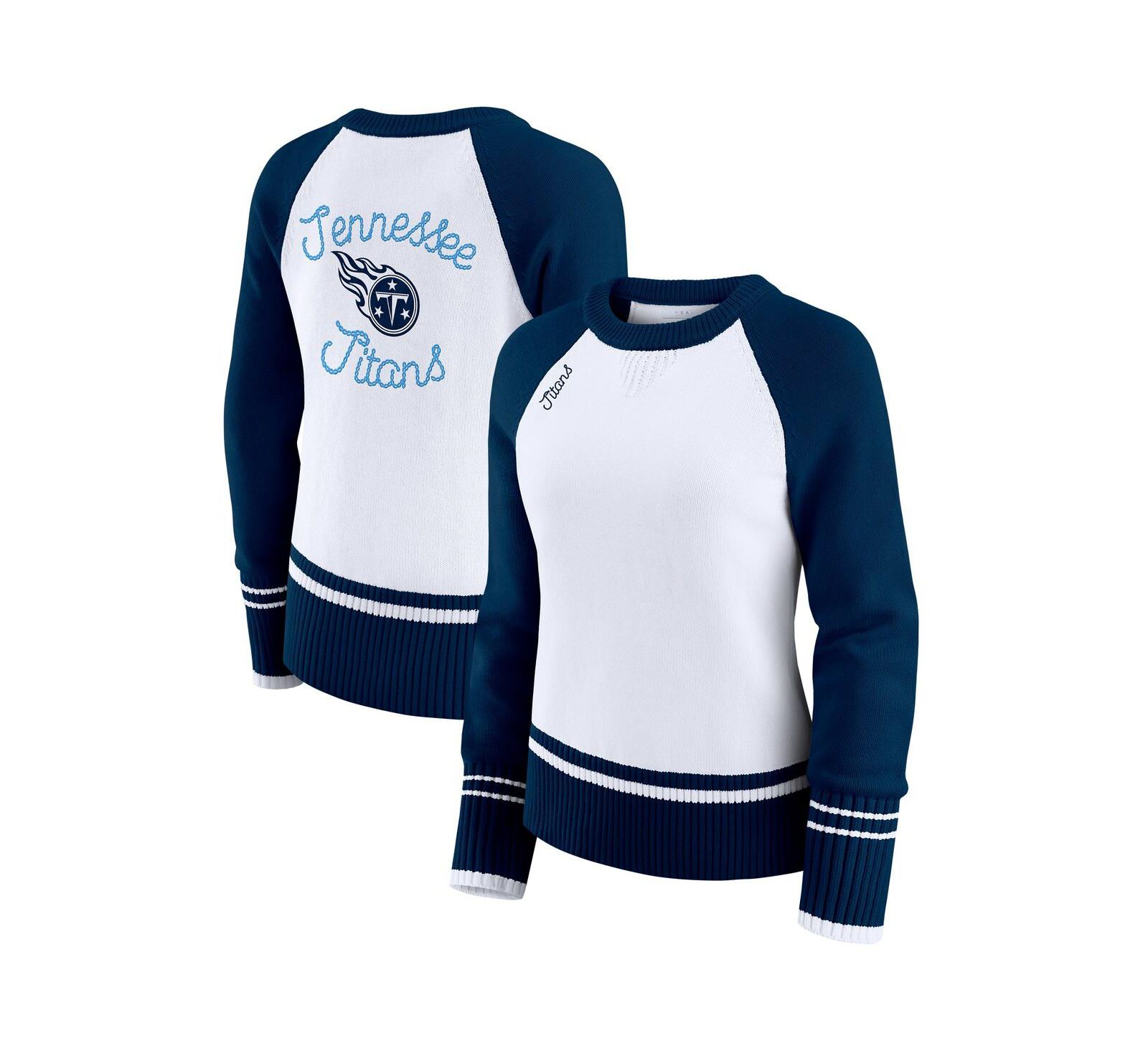 WEAR by Erin Andrews Women's White/Navy Tennessee Titans Color Block Raglan Sweater