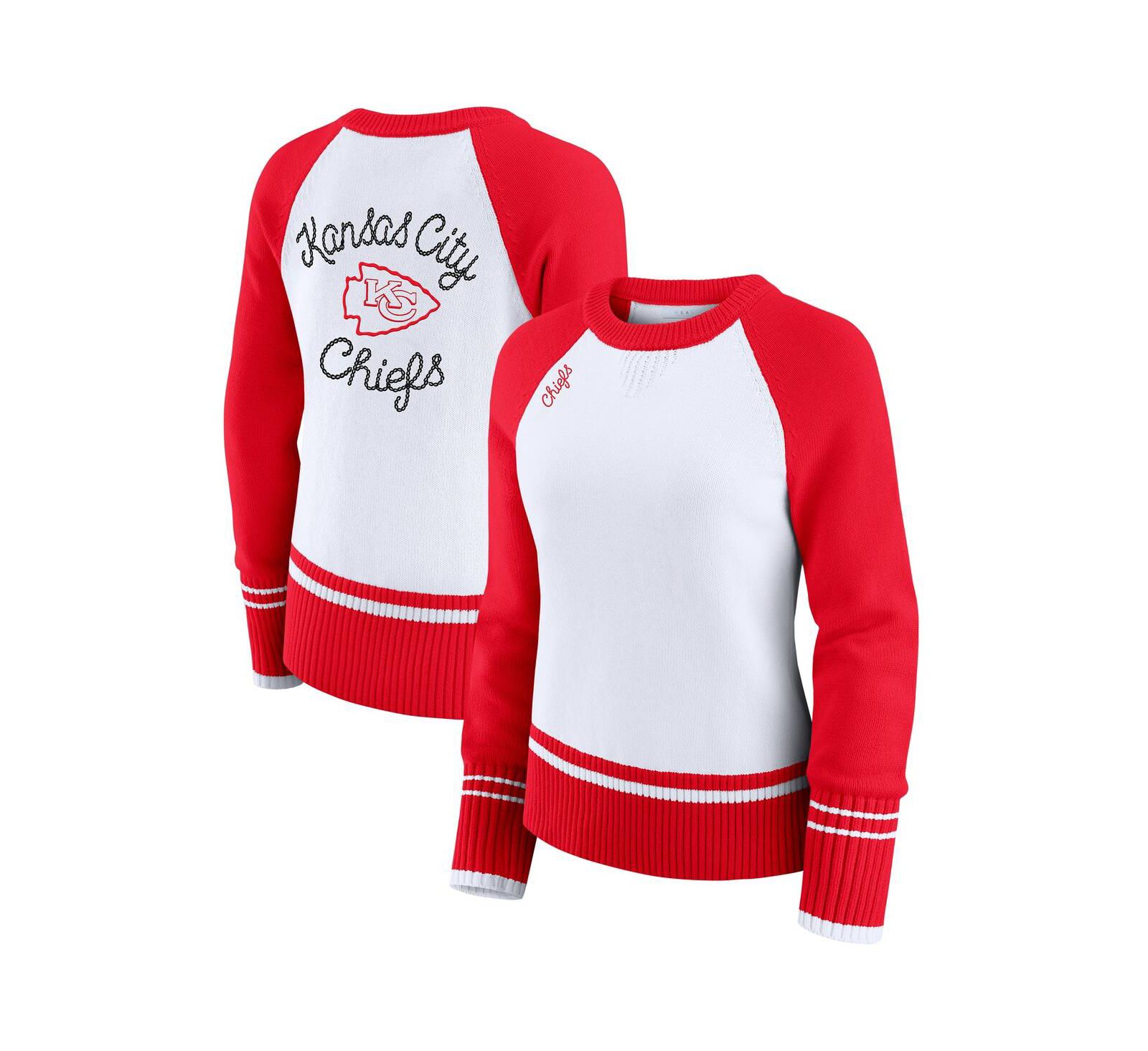 WEAR by Erin Andrews Women's White/Red Kansas City Chiefs Color Block Raglan Sweater