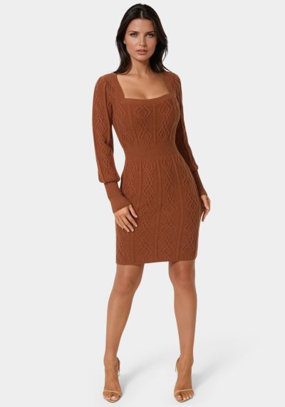 Bebe Women's Square Neck Long Sleeve Cable Sweater Dress