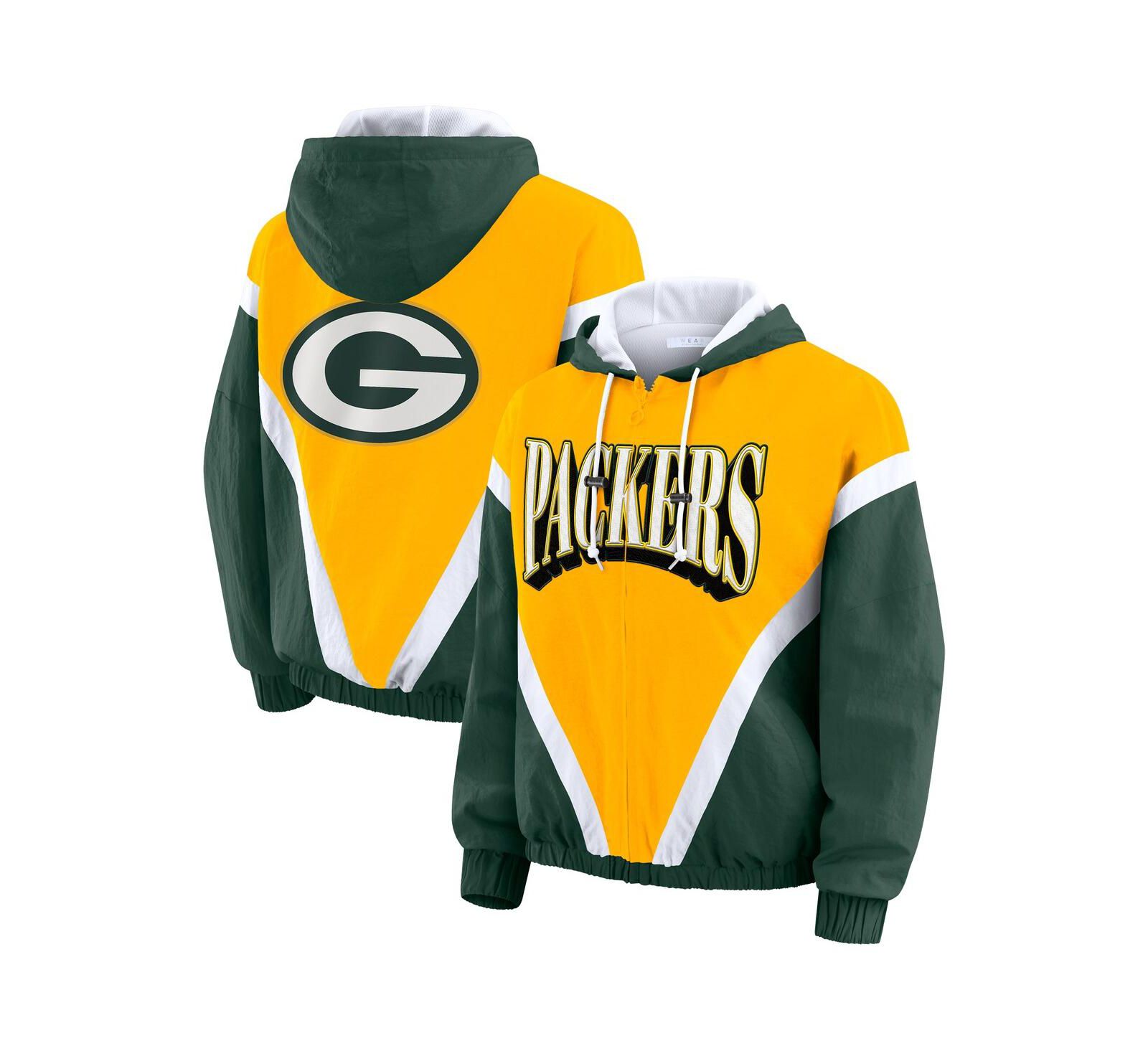WEAR by Erin Andrews Women's Gold/Green Green Bay Packers Plus Size Retro Crinkle Full-Zip Hoodie Windbreaker Jacket