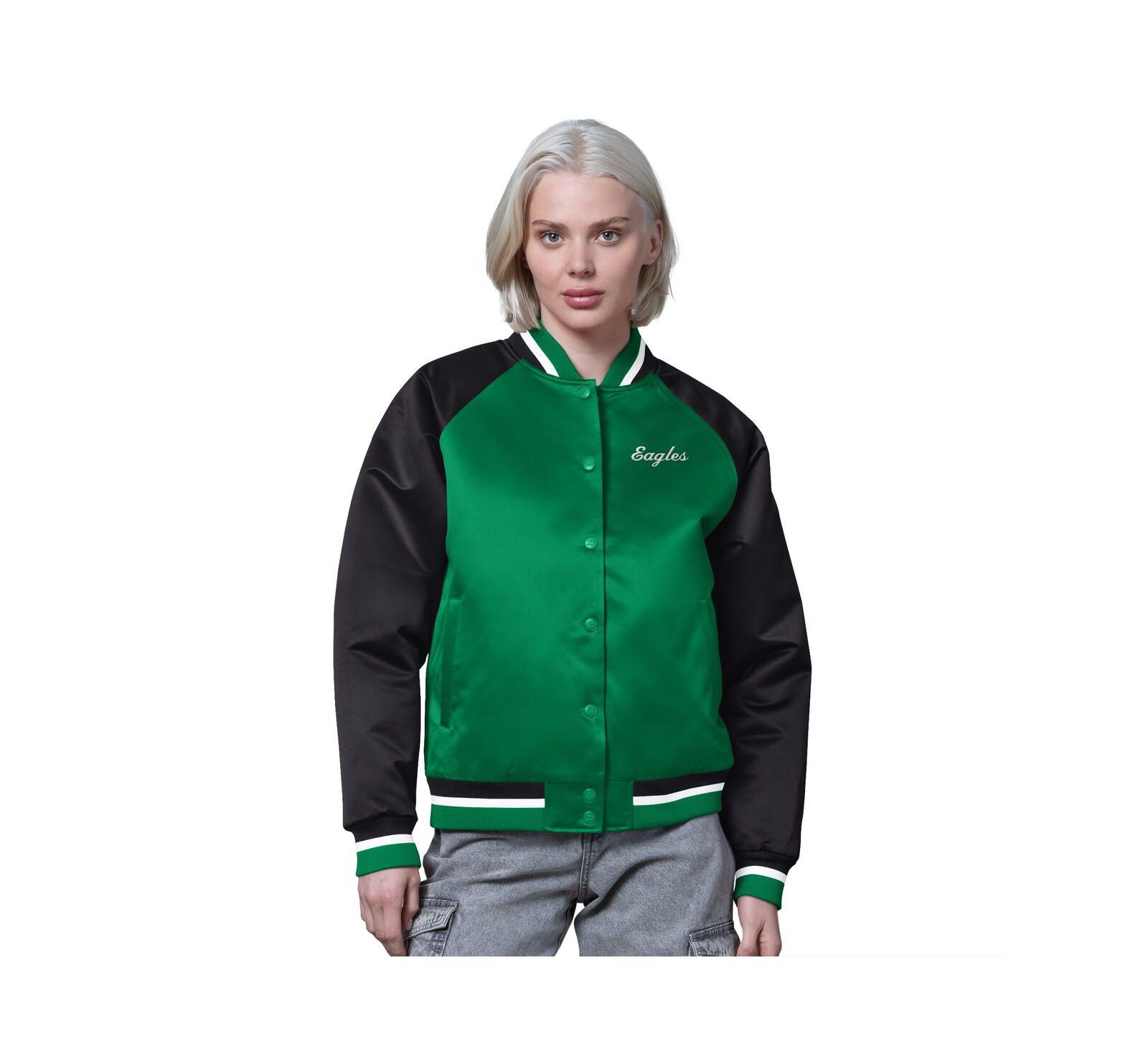 Starter Women's Kelly Green/Black Philadelphia Eagles Satin Full-Snap Vintage Varsity Jacket