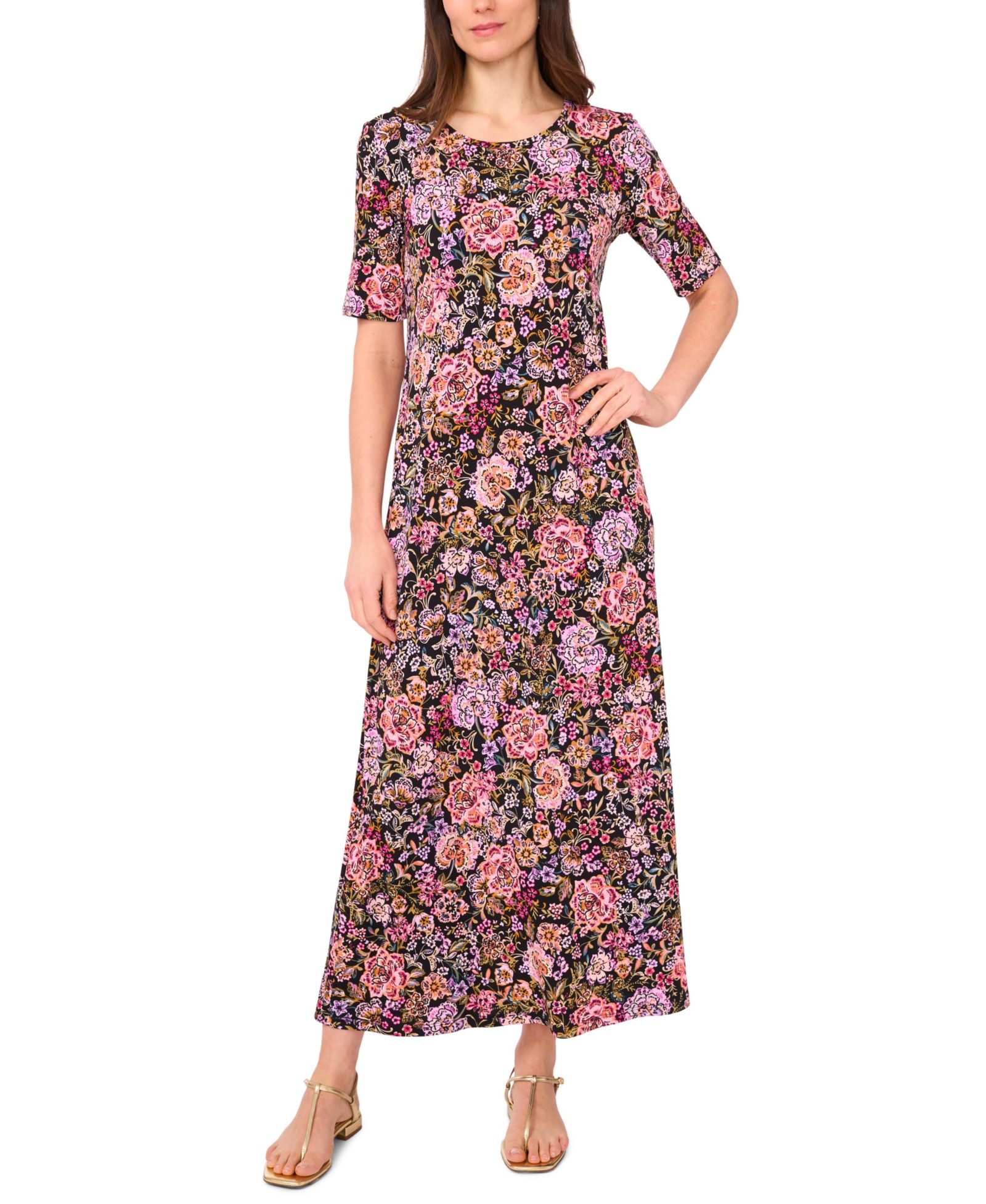 Платье макси Vince Camuto Women's Floral Crew Neck Short-Sleeve
