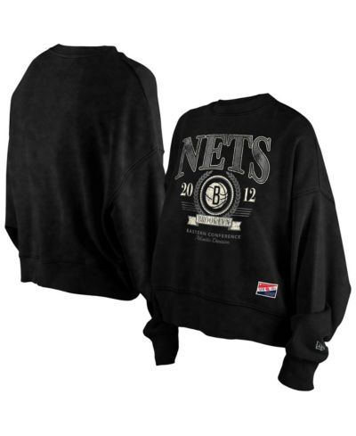 Женская объемная толстовка New Era Black Brooklyn Nets Throwback Enzyme Wash Oversized Boxy Pullover