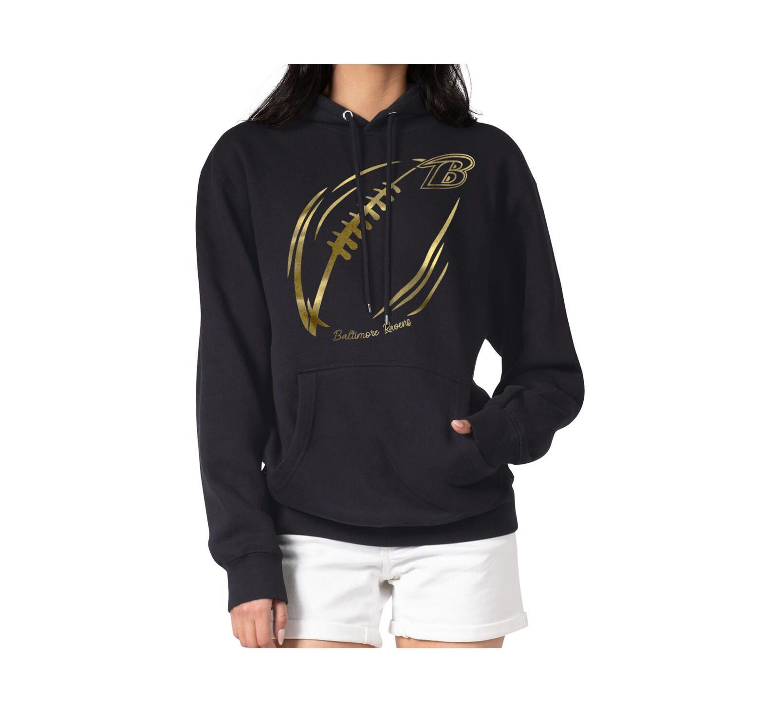 G-III 4Her by Carl Banks Women's Black Baltimore Ravens Metallic Print Football Sketch Fleece Pullover Hoodie