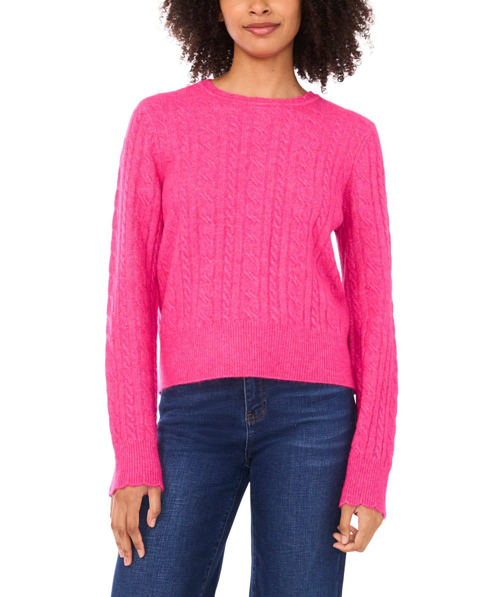CeCe Women's Cable Long-Sleeve Crewneck with Scallop Edge Sweater