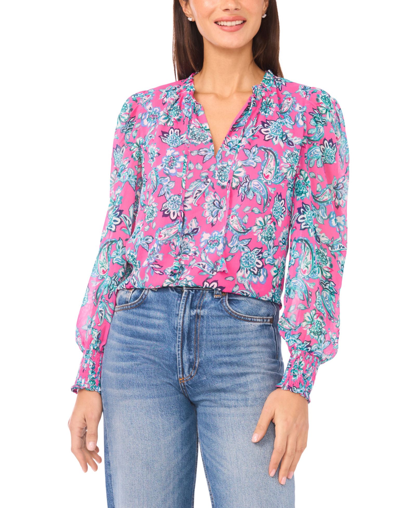 Женская блузка CeCe Smocked Cuff Ruffle Long-Sleeve