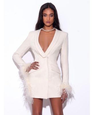 Miss Circle Women Madeline Pearl White Feather Trim Blazer Dress