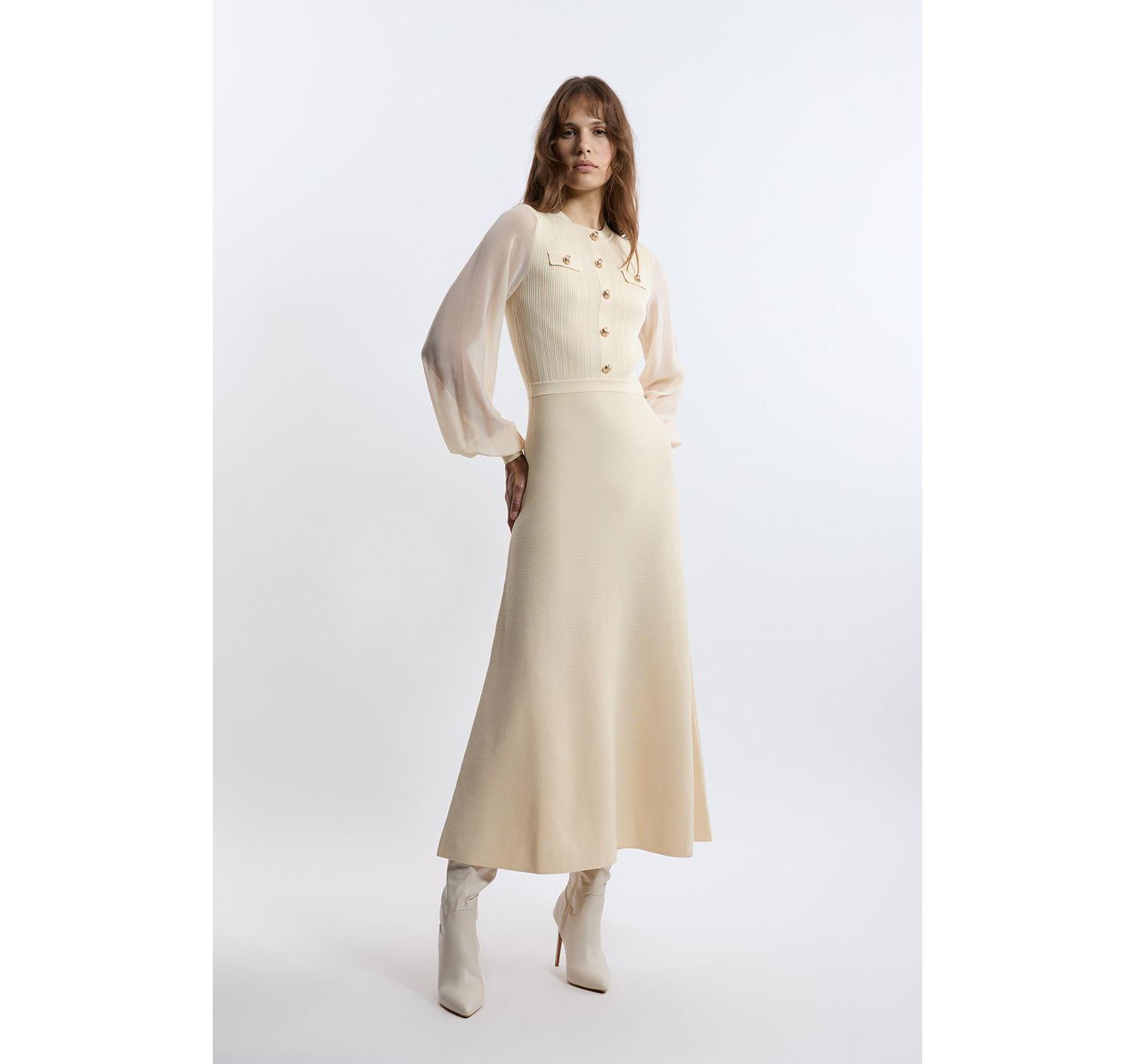 Karen Millen Women's Military-Trim Chiffon-Sleeve Knit Dress