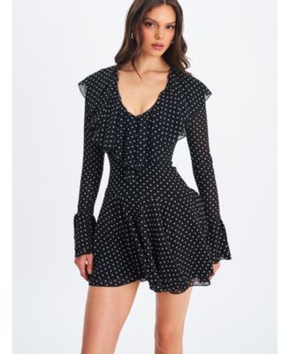 Miss Circle Women Omari Black Chiffon Polka Dot Ruffled Neckline Mini Dress