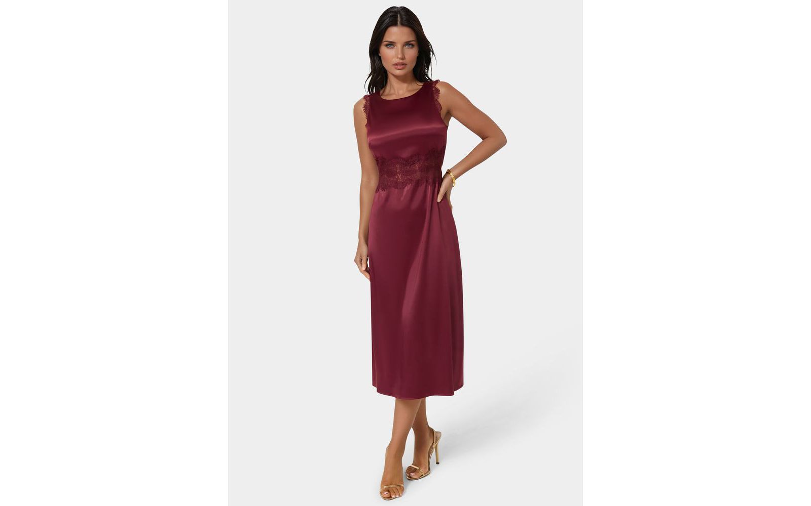 Bebe Women's Satin Lace Insert Midi Dress