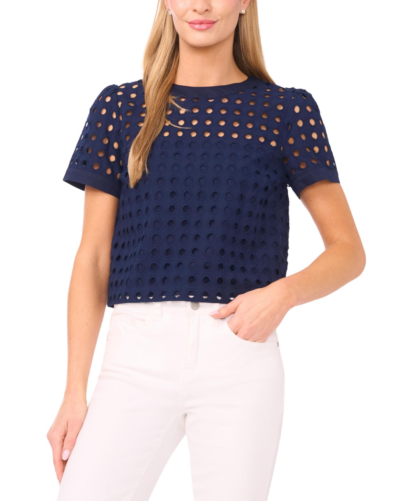 CeCe Women's Short-Sleeve Circle Eyelet Top