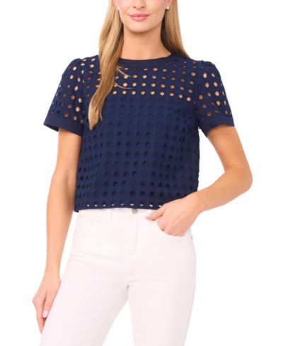 CeCe Women's Short-Sleeve Circle Eyelet Top