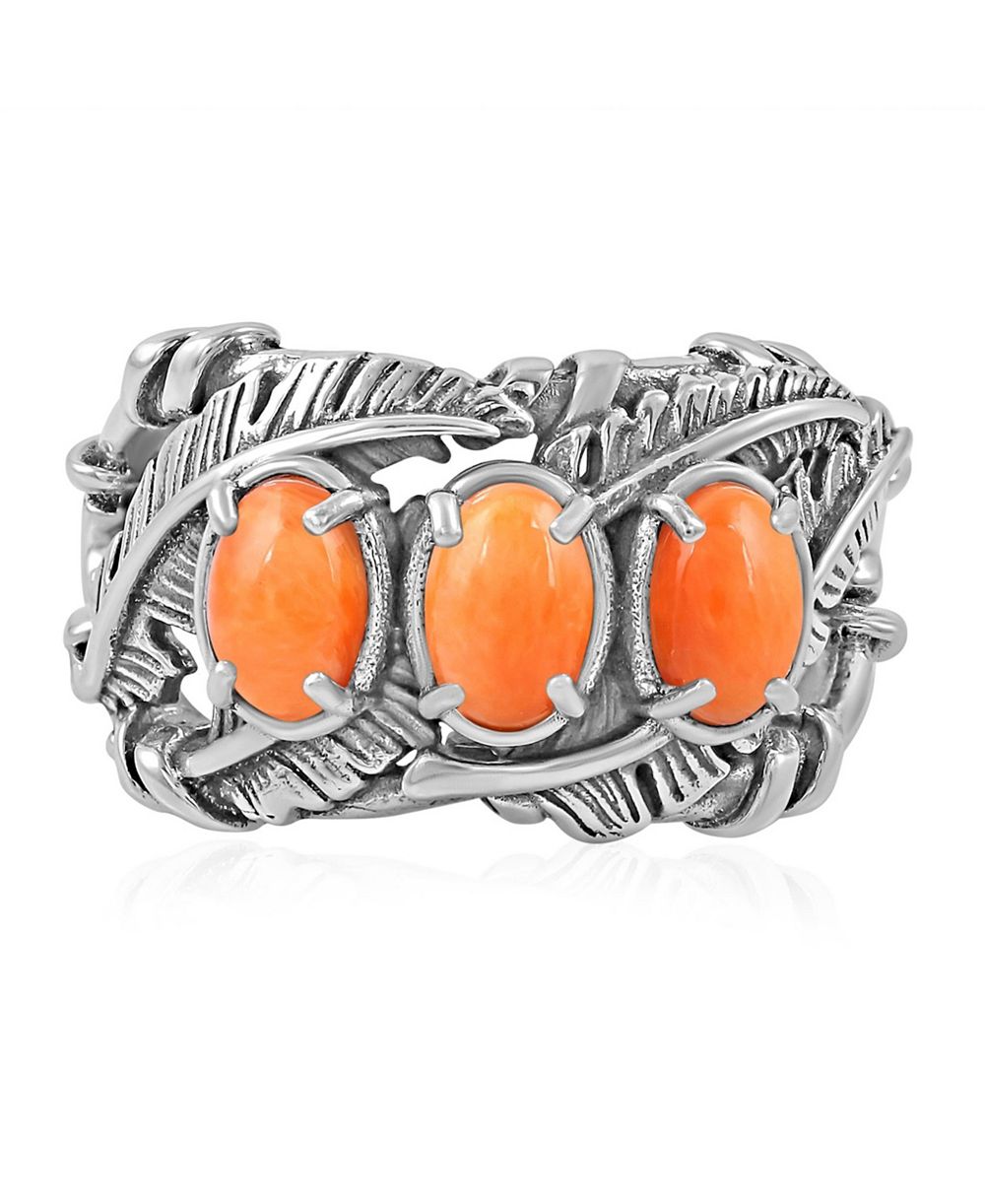 Кольцо American West Jewelry Sterling Silver Orange Spiny Oyster Three Stone Feather